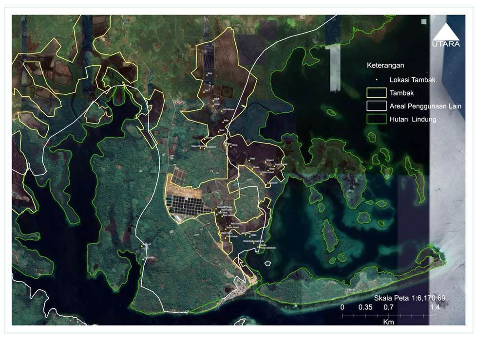Hasil overlay peta citra tambak dan hutan lindung di Desa Uwedikan, menunjukkan tambak yang berada di kawasan hutan lindung.