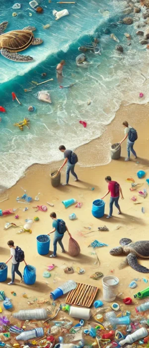 A Coastal Scene Showing The Severe Impact Of Plastic Pollution In The Ocean. The Beach Is Littered With Various Types Of Plastics And Waste Materials,
